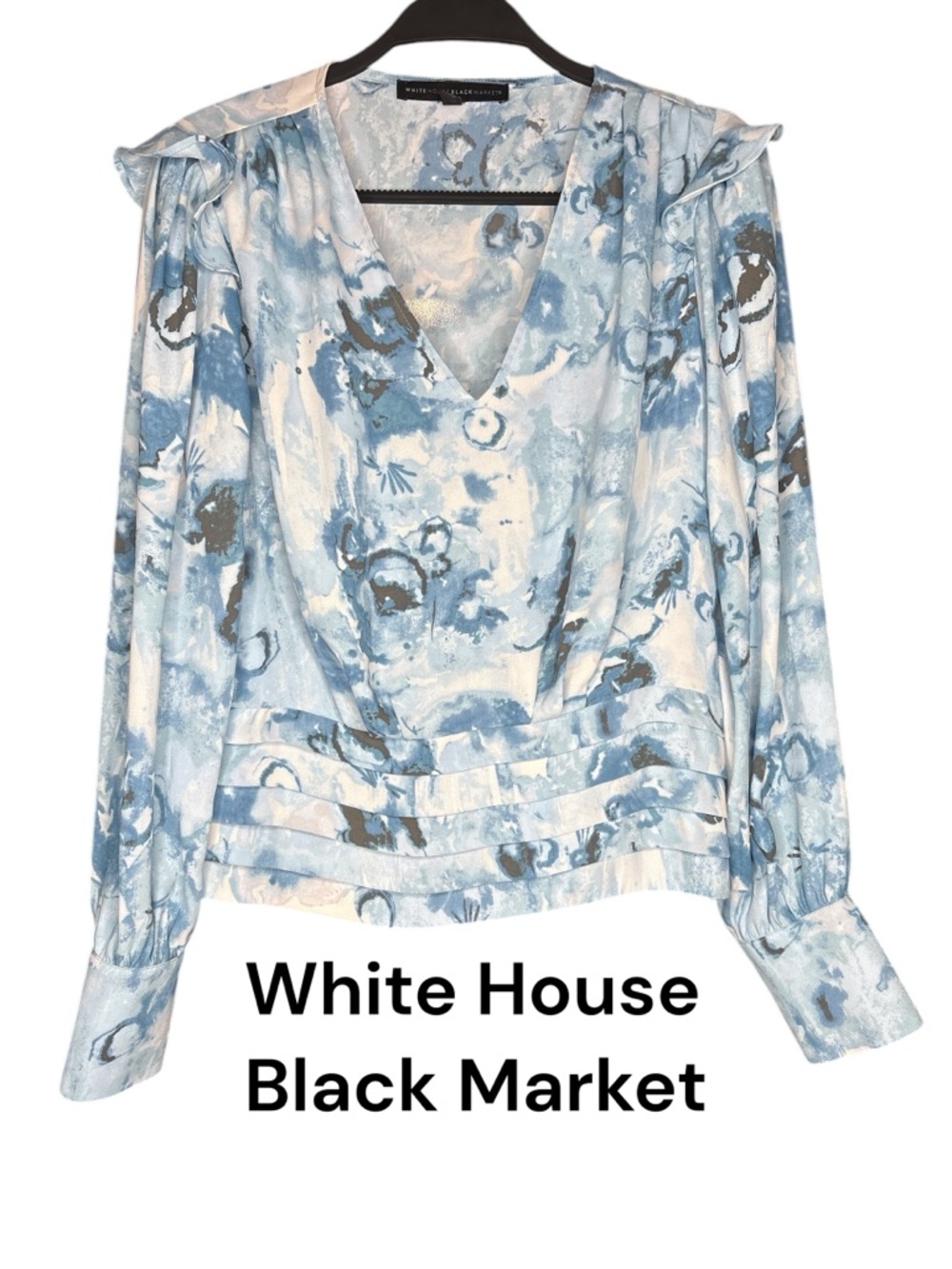 White House Black Market Light Blue Floral V-Neck Long Sleeve Blouse